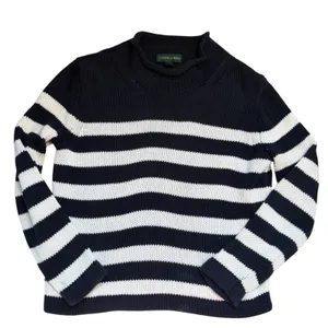 J Crew Always Womens XS Navy White Striped Cotton Mock Neck Shaker Knit‎ Sweater thumbnail 3