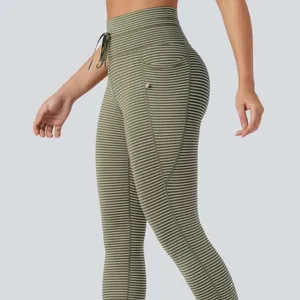 Halara Striped High Waisted Drawstring Leggings Green White Pockets Small Yoga thumbnail 1