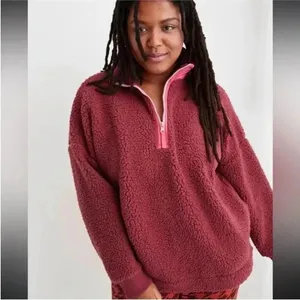 Aerie Dream Sherpa Quarter Zip Sweatshirt, Cherry Pink/Hot Pink, Size Medium thumbnail 5