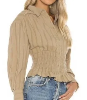 Free People Tammy Button down Tan Size XS‎ Crinkle Smocked Top Collared thumbnail 1