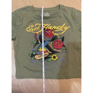 NWEd Hardy Womens Rhinestone‎ Swallow Tattoo Crop Top Olive Green Y2K Tee Small thumbnail 5