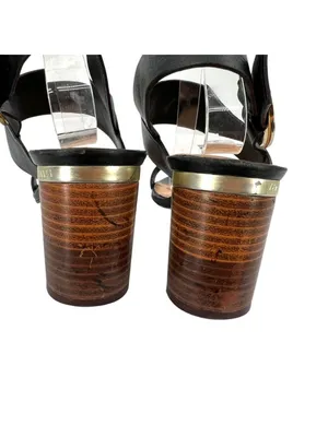 Ted Baker Azmara Black Leather Slingback Sandals Gold Buckle Block Heel Size 40 thumbnail 5