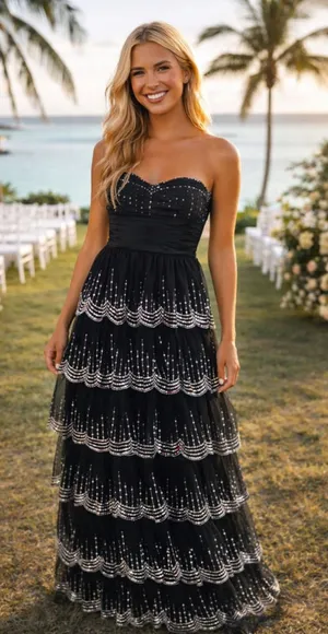 Vintage Masquerade‎ Maxi Prom Dress Black Sequin Tiered Formal Quinceanera Glam thumbnail 1