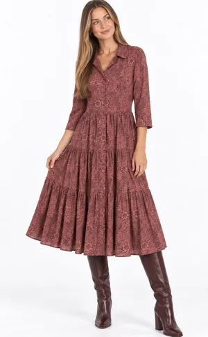 Morris & Co x H&M 6 William Morris Floral Tiered Midi Shirt Dress Burgundy Fall thumbnail 1