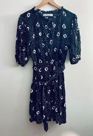 Anthropologie Lusana women Cinched mini dress tiered print balloon sleeve M 6 thumbnail 3