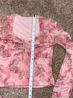 Y2K Pink Floral Mesh Long Sleeve Top Medium M tie Crop thumbnail 2