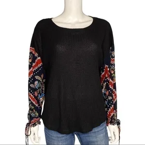 In Loom Black Thermal Waffle Knit Top Boho Patchwork Print Balloon Sleeves M thumbnail 2