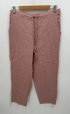 Pink 100% Linen Pull On Ankle Pants Women Medium Raw Hem Drawstring Coastal Boho thumbnail 1