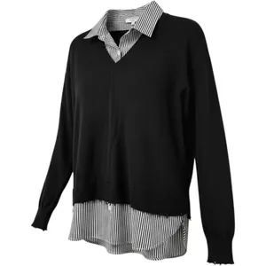 J. Society Layered Sweater Shirt S Black V-Neck Striped Collar Distressed Hem thumbnail 3
