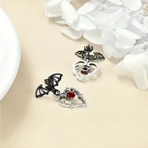 Gorgeous Black Bat Heart‎ Dangle Halloween Earrings with Ruby Color Decor Silver thumbnail 4