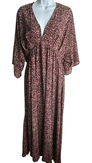 Entro Maxi Dress Sz L Floral Drop Waist Flowy V-Neck Burgundy Red Ditsy thumbnail 1
