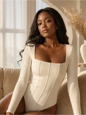 Abercrombie Long-Sleeve Square Neck Cream Bodysuit thumbnail 1