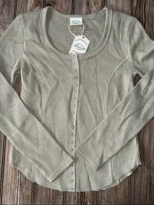 Very j thermal Sage Ribbed snap Button-Down Shirt waffle knit stretch soft NEW thumbnail 1