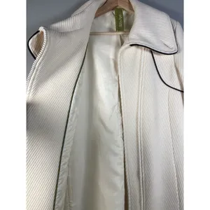Wool Blend Cream Coat Asymmetrical Zip Front Black Trim Elegant Luxury Sz‎ Large thumbnail 6