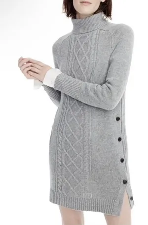J. Crew Gray Cable-Knit Turtleneck Sweater Wool Blend Dress Large Knee Length thumbnail 1
