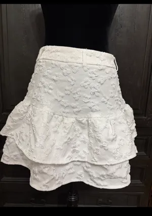 SHEIN ruffle trim skirt textured fabric with a tiered ruffles - size Medium. ***Refer to measurements. Beautiful skirt to wear out on a party trip. Fun & spunky. MOD jacquard ruffle trim skirt features a textured fabric with a tiered, ruffled hem and a button closure. Measurements approximately 15” waste x 16” long. Non- smoking home. priced to sell at as is condition. Don’t like my price, make reasonable offer! And thank you for checking my closet. thumbnail 2