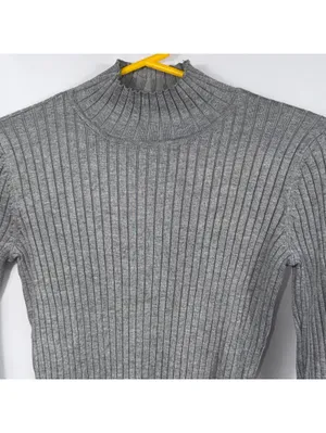 Gray Ribbed Mock Neck Sweater XS Button Cuff thumbnail 2