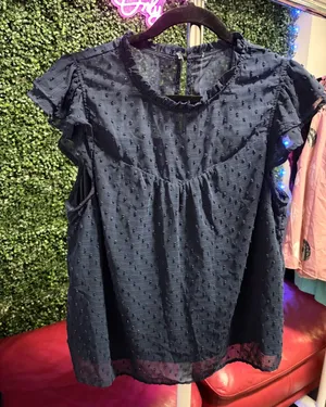 SHEIN Navy Swiss Dot Ruffle Sleeve Blouse thumbnail 1