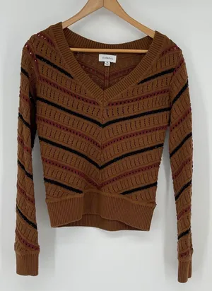 Evereve Brown Knit Chevron Stripe V‎ Neck Long Sleeve Sweater XS Cabin Cozy thumbnail 1