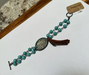 Rustic Style Turquoise Color Beads / Rhinestone / Brown Tassel NWT Bracelet thumbnail 7