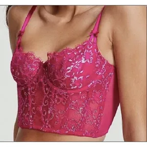 Victorias Secret‎ Dream Angels Pink Silver Metallic Floral Lace Corset Top Small thumbnail 1