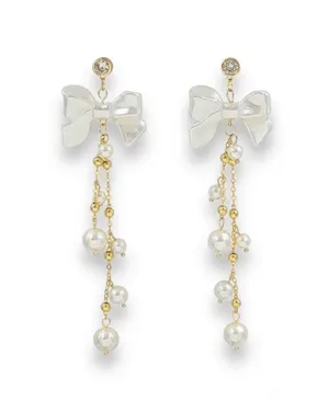 Elegant Bow White Pearl Dangle Drop Earrings for Women thumbnail 1