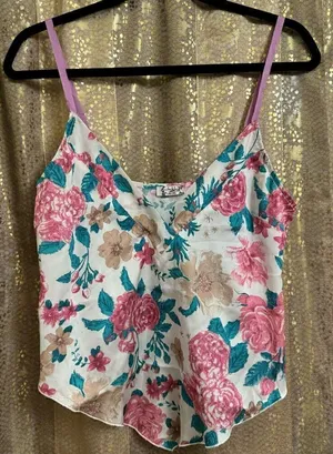 Free People Pink Purple Green Floral Silky V Hem Camisole XS NWOT thumbnail 1