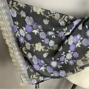 Vivante Scarf Floral Gray Gauzy Viscose Wool‎ FLAWS NWT Raw Edge Fringe Boho thumbnail 7