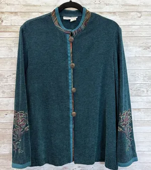 Vintage Nancy Bolen City Girl Womens M Silk Cardigan Teal‎ Tapestry Embroidered thumbnail 1