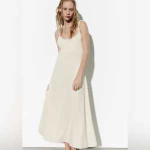Zara Bloggers Fav Ecru Linen Blend Bohemian Open Back Cut Out Midi Dress‎ Sz L thumbnail 4