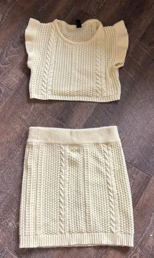 Cider Yellow Cable Knit Two‎ Piece Set Ruffle Crop Top and Mini Skirt Medium thumbnail 1