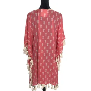 Coral Pink Pineapple Print Swim Cover Up Poncho Size S M Tassels Beach Resort thumbnail 4