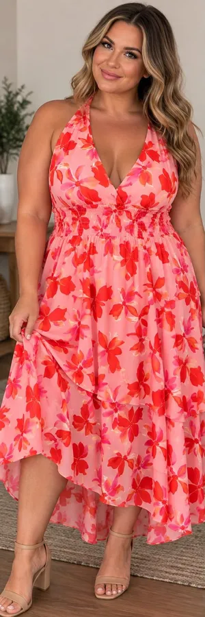 Madden NYC Halter Maxi Dress Size XXXL Pink Floral Ruffle High-Low thumbnail 1