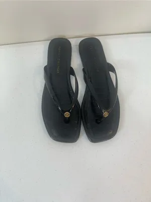 Tommy Hilfiger Black Patent Croc-Effect Thong Sandals with Gold Logo thumbnail 2