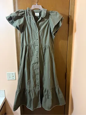 Tuckernuck Alice Ruffle Sleeve Midi Dress in Olive Green thumbnail 4