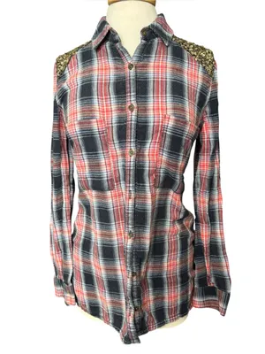 Free People Plaid Button-Down Tunic Shirt Gold Sequin Shoulder Accents S/P thumbnail 2