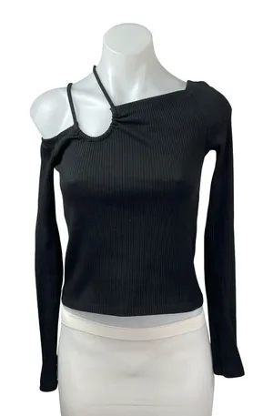 Oak + Fort Women's Black Ribbed Off Shoulder Long Sleeve Crop Tee T-Shirt Top XS thumbnail 1
