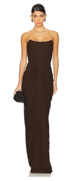 Deme by Gabriella Brown Corset Draped Strapless Maxi Dress Size S thumbnail 1