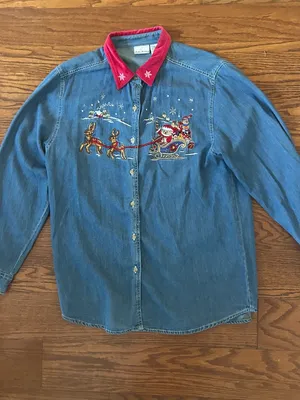 Y2K Bobbie Brooks Santa Reindeer Embroidered Denim Button-Down Shirt Size Large thumbnail 12