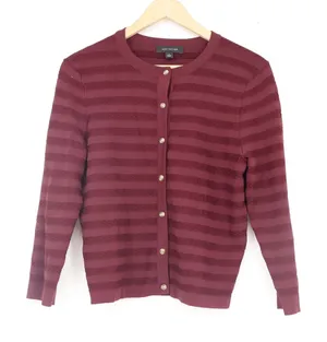 Ann Taylor Burgundy Striped Button Front Cardigan Sweater Womens Size M thumbnail 1