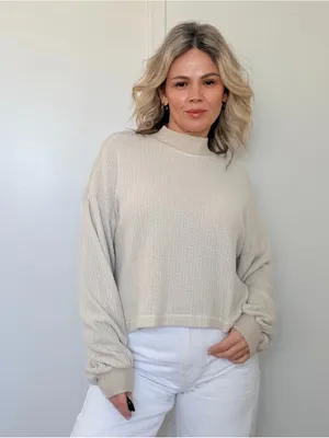 New Project Social T Cream Mock-Neck Waffle Knit Top thumbnail 2