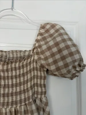 Peixoto Coco Beige and White Gingham Puff Sleeve Mini Dress Size Small thumbnail 6