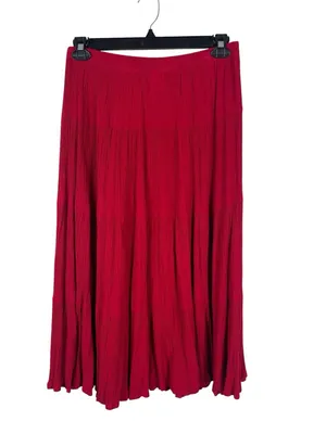Boho Red Crinkle Tiered Maxi Skirt Pull On Cottagecore Prairie Festival M thumbnail 3