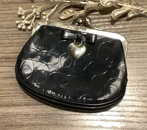 Coach Black Patent Leather Kiss-Lock Coin Purse with Heart Tag thumbnail 1