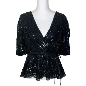 Mac Duggal R5694 Black Sequin Floral Faux Wrap Peplum Top L thumbnail 4