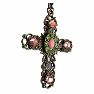 Vintage Victorian Revival Jeweled Cross Necklace Pink Green Rhinestones Beaded G thumbnail 4