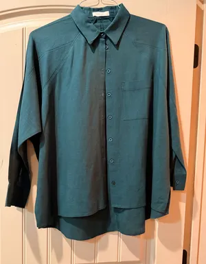 ALL:ROW Dark Teal Oversized Dolman Sleeve Button Front Blouse High Low Hem Women’s thumbnail 1
