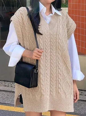 Boutique Dazy Light Brown‎ Cable Knit V-Neck Sleeveless Sweater Vest L thumbnail 1