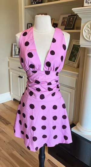 Pink Brown Polka Dot Silky Dress Halter Open Back Mini thumbnail 1