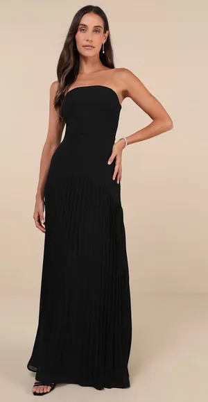 NWT Lulus Celebratory Aesthetic Black Pleated Strapless Maxi Dress Bridesmaid M thumbnail 1